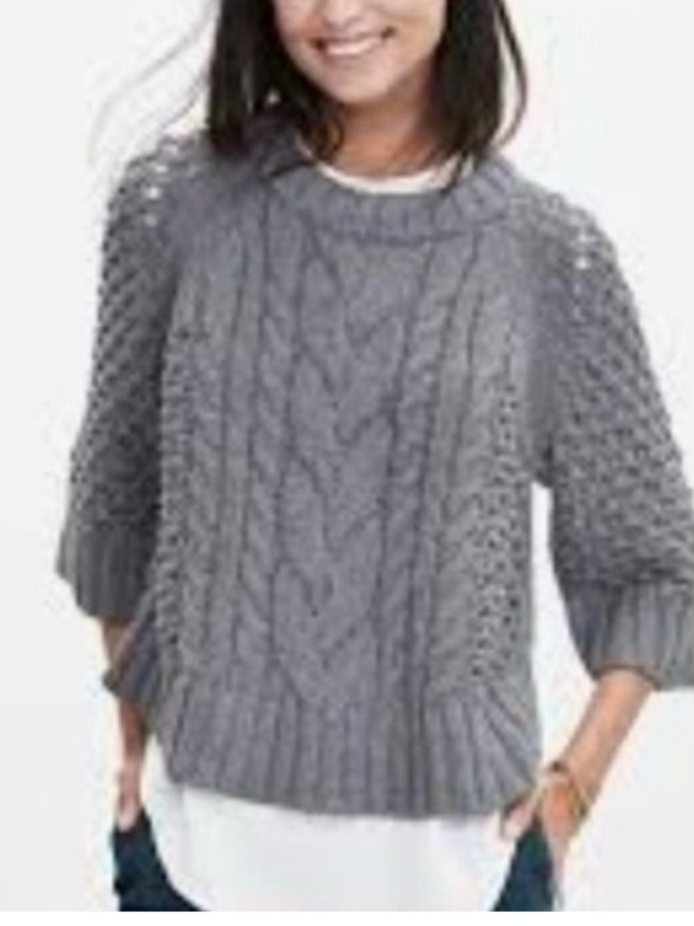 Banana Republic Italian Yarn Cable Knit Chunky Sweater XS Cropped 3/4 Sleeve